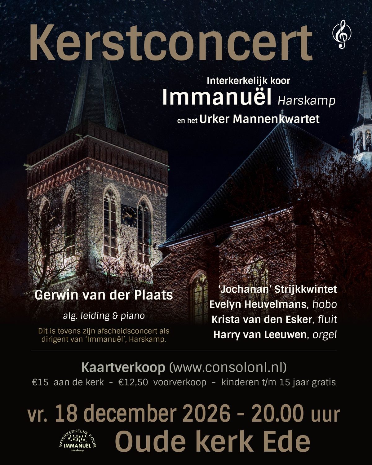 Flyer kerstconcert Interkerkelijk Koor Immanuël, 18 december 2026 in de Oude Kerk Ede